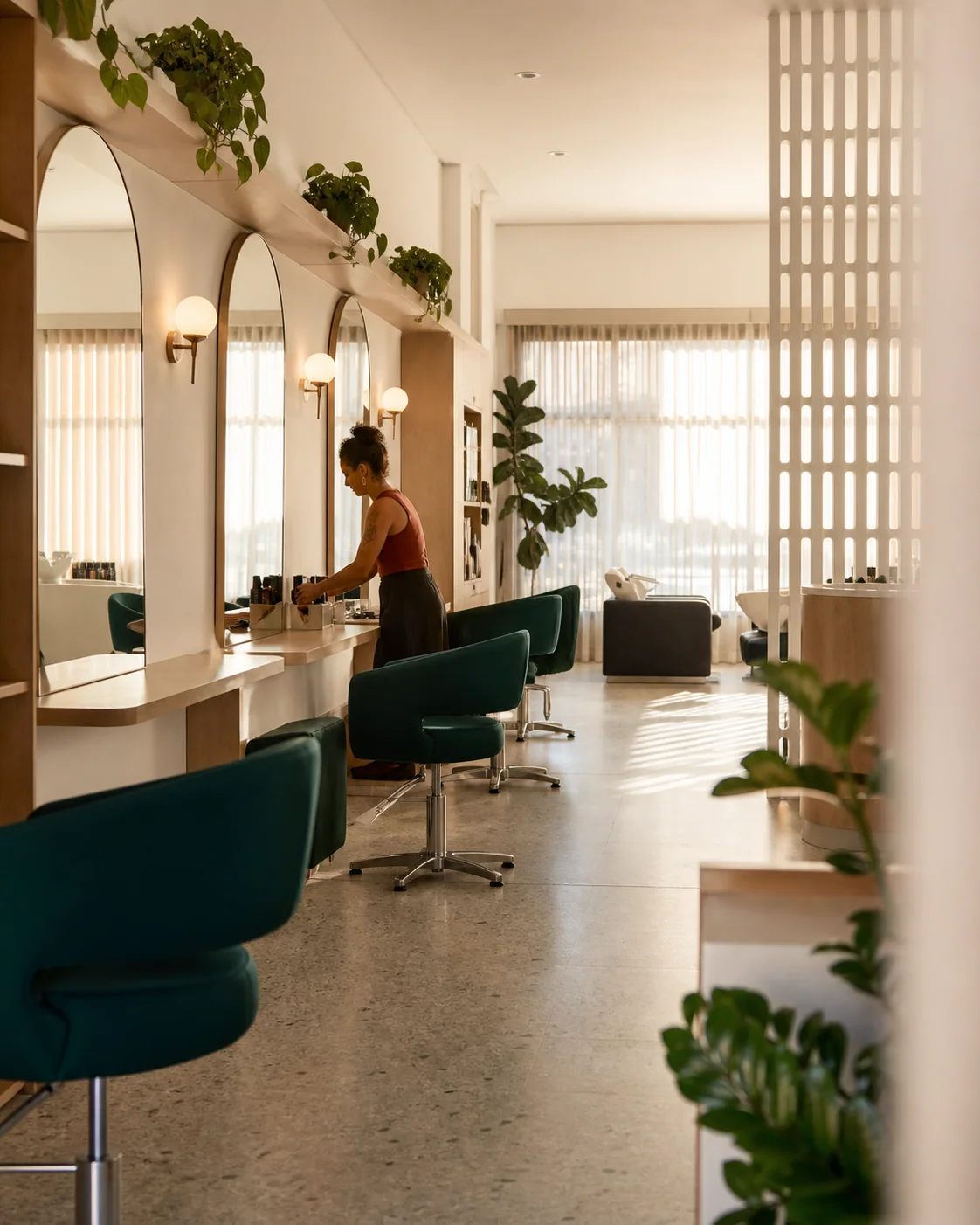 Interior de um salão com espelhos e cadeiras verdes